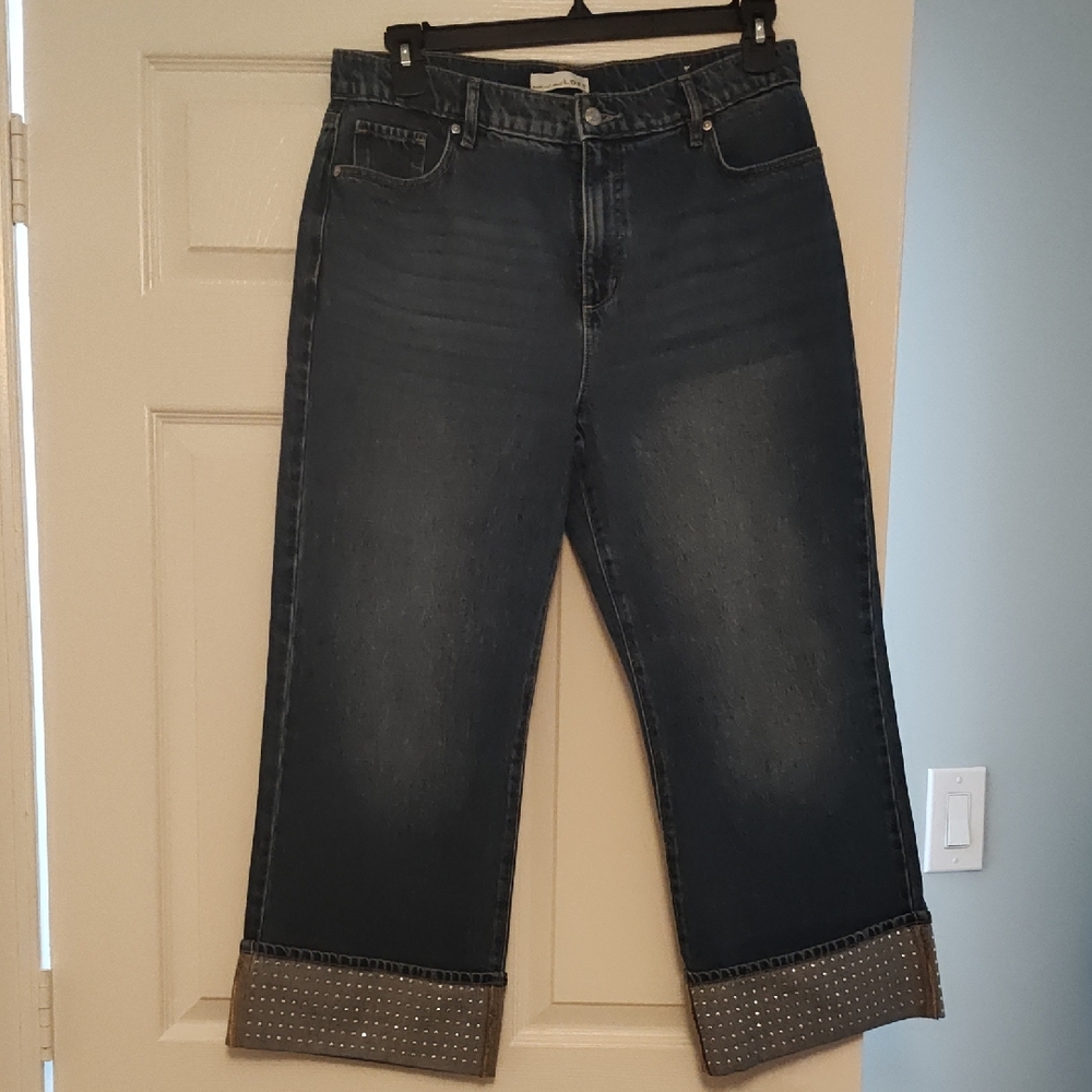 LOFT Dark Blue Cropped Jeans with Studded Cuffs